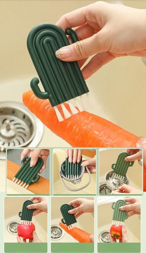 Kitchen Cleaning Brush Set with Holder & Drip Tray – 3 Head Cactus Scrub Brush, Row Brush, Mini Dish & Pot Brushes – Durable Multi-Purpose Scrubbers for Sink, Pans, Plates, Cups (Yellow)