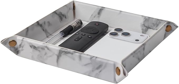 WAYIFON Valet Tray Desktop Storage Organizer – Premium PU Leather Catchall Bedside Vanity Tray Nightstand Caddy Holder for Remote Controller, Keys, Phone, Wallet, Coin, Jewelry,Marble White