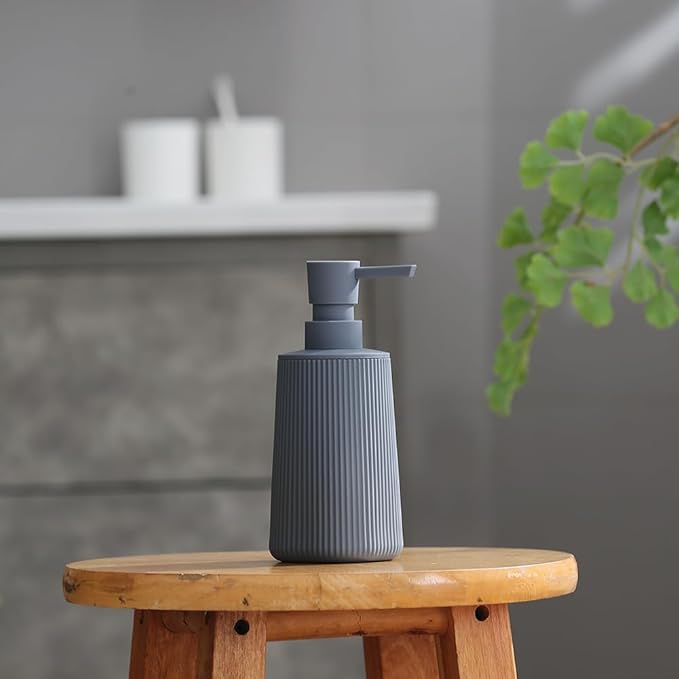 Small Soap Dispenser for Bathroom and Kitchen, Modern Farmhouse Striped Style Plastic Hand Soap Dish Soap Dispenser with Pump Matte Gray
