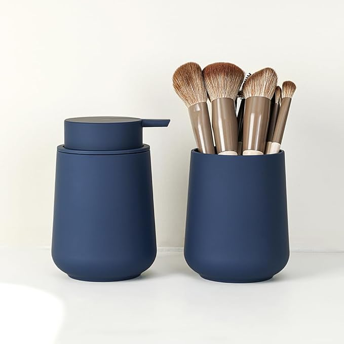 Matte Blue Bathroom Accessories 2 Piece Set Plastic Soap Dispenser and Toothbrush Holder for Modern Bathroom Decor