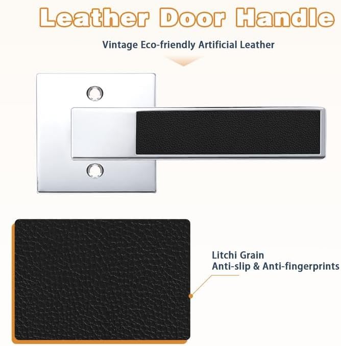 Probrico Heavy Duty Dummy Door Handle with Black Leather Hand Lever, Square Non-Turning Single Side Pull Only Lever for Closet or French Doors, Polished Chrome, 2 Pack