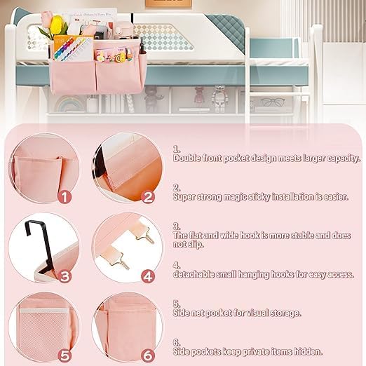 Bedside Storage Organizer 5 Pockets with 4 Hooks Hanging Storage Bag for Headboards/Bunk Bed (2Pack Pink)