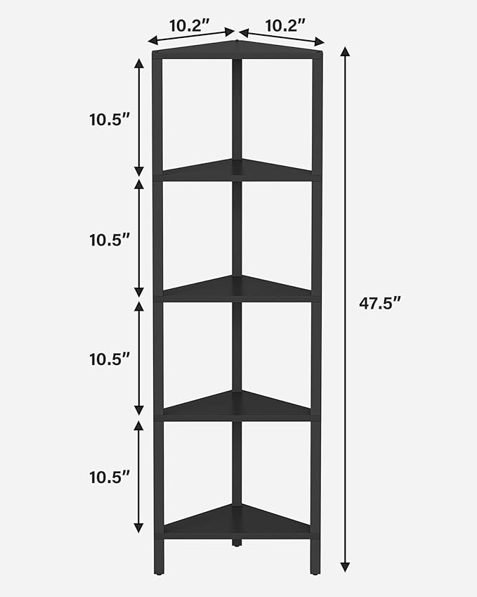TUTOTAK Corner Shelf, 5-Tier Corner Bookshelf for Small Space, Narrow Display Corner Shelf Stand with Storage Rack, for Living Room, Bedroom, Black BS05BK005