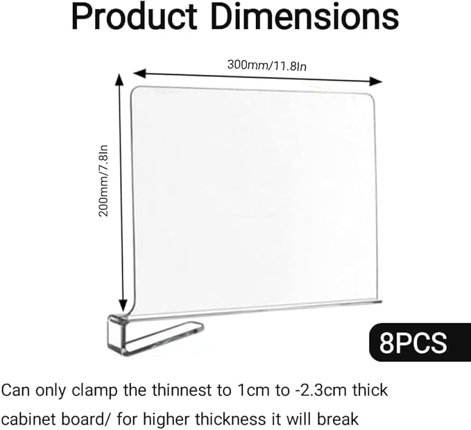 Acrylic Shelf Dividers 8 Pack – Heavy Duty Clear Shelf Dividers for Closets, Cabinets & Shelves – Closet Dividers for Clothing, Handbags & Home Organization