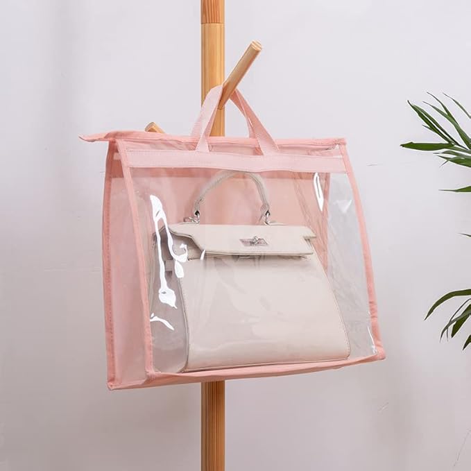 CINPIUK Handbag Dust Bags Clear Purse Storage Organizer for Closet Small to Extra Large Handbags Dust Free Bags Hanging Zipper Storage Bag with Hooks, (Pink, 4 Sizes-4PCS)