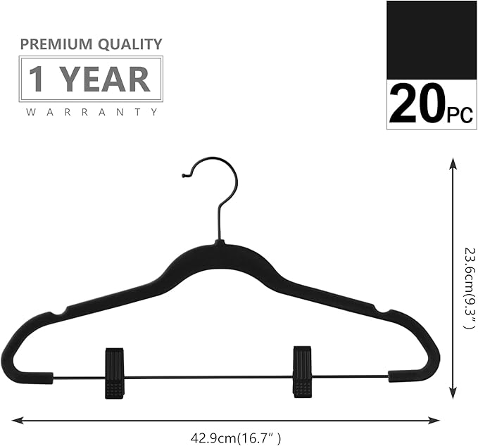 MIZGI Premium All Black Velvet Pants Hangers with Adjustable Clips (Pack of 20) Slim Skirt Hangers- Non Slip Felt Outfit Dress Hangers- Black Hooks,Space Saving Shirt Clothes Hangers