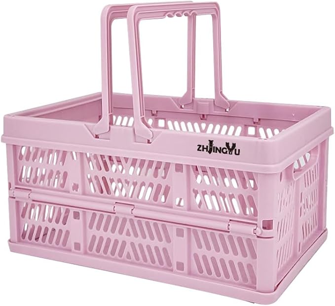 crates for storage,plastic baskets for organizing,collapsible shopping basket,foldable crate with Handles,collapsible storage crate,car basket,for Kitchen,Bathroom,Medicine.small,Pink