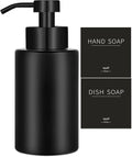 Foaming Soap Dispenser Set, 12 Oz Glass Hand Soap Dispenser with 304 Rust Proof Stainless Steel Pump, Waterproof Labels, for Bathroom Decor Kitchen College Dorm, Black