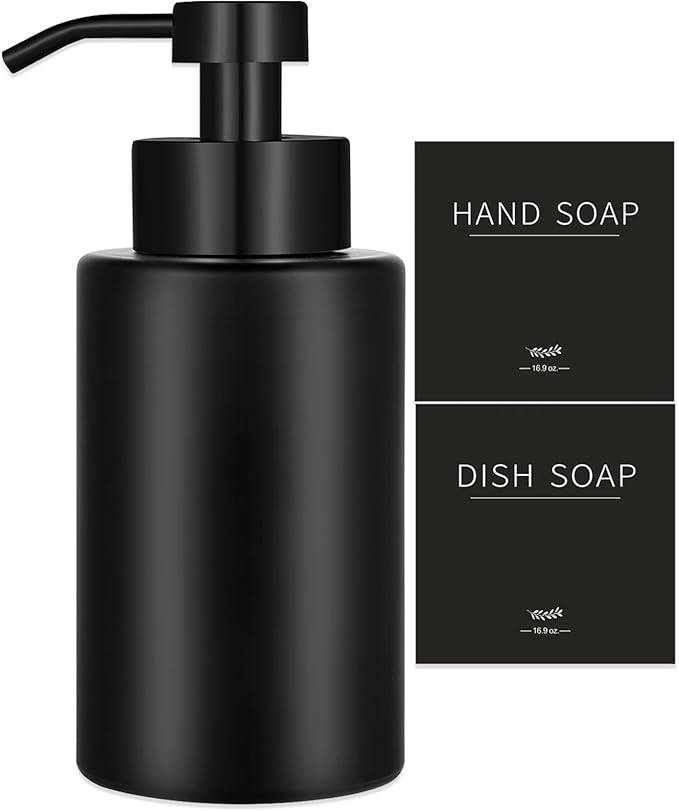 Foaming Soap Dispenser Set, 12 Oz Glass Hand Soap Dispenser with 304 Rust Proof Stainless Steel Pump, Waterproof Labels, for Bathroom Decor Kitchen College Dorm, Black