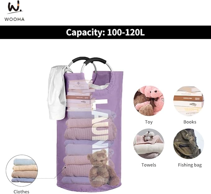 WOOHA Laundry Basket, Laundry Hamper,Collapsible Folding Clothes Hamper, Waterproof Easy Carry with Foam Protected Aluminum Handles,laundry bag,95L,Purple