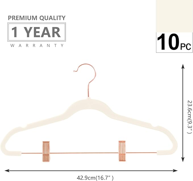MIZGI Premium Velvet Pants Hangers with Clips (Pack of 10) Slim Skirt Hangers- Non Slip Felt Outfit Dress Hangers Ivory - Copper/Rose Gold Hooks,Space Saving Shirt Clothes Hangers