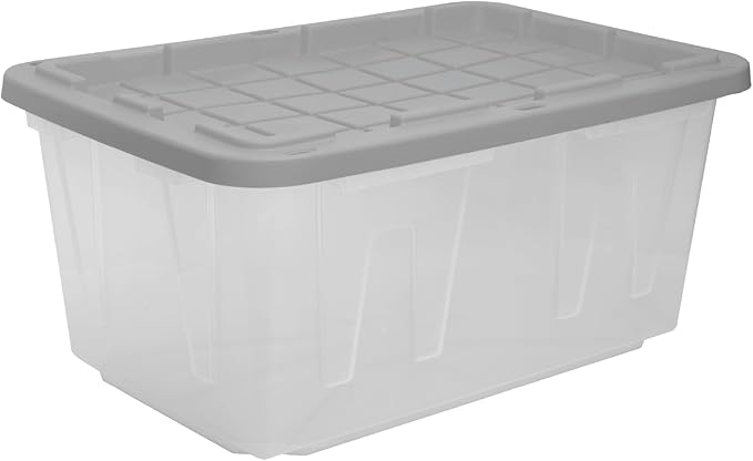 CX BLACK & YELLOW 27-Gallon Heavy Duty Clear Storage Bins with Lids, Stackable Plastic Storage Bins with Weather-Resistant Design, Home Organization, Clear & Grey, 4 Pack (14.3H x 20.6W x 30.6D)