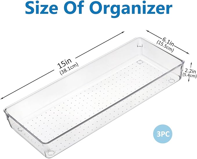 3 Pcs Large Clear Drawer Organizer Set, 15" X 6" Desk Drawer Organizers Trays with Non-Slip Silicone Pads, Storage Bins for Makeup, Office, Kitchen Gadgets Utensils, Bedroom, Tools, Bathroom
