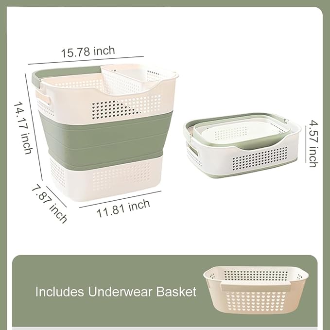 46L Collapsible Laundry Basket with Underwear Hamper, Foldable Laundry Basket, Laundry Baskets Storage Container/Organizer/Clothes Hamper for Laundry (Green)