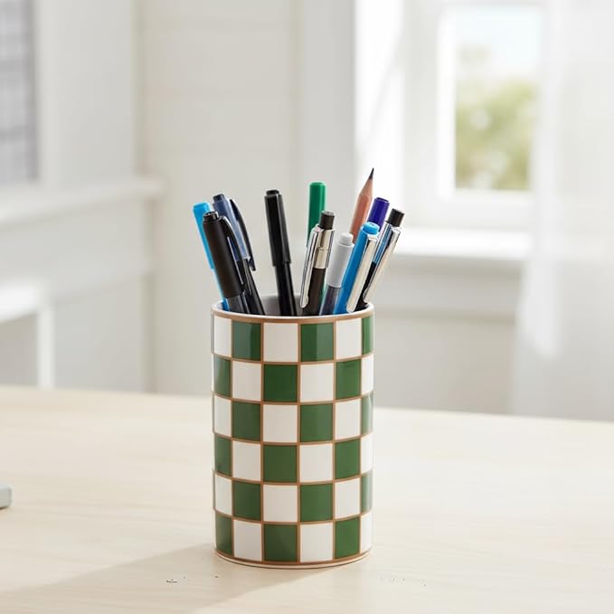 Bathroom Toothbrush Holder Set, Ceramic Checkered Soap Dispenser and Tooth Brush Holder Set, Modern Bathroom Accessories Sets Countertop, Black and White Checkered Bathroom Decor Set (Green)