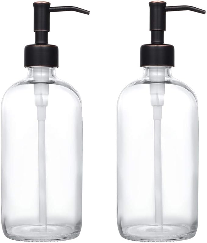2 Pack Thick Clear Glass Pint Jar Soap Dispenser with Oil Rubbed Bronze Stainless Steel Pump, 16ounce Clear Boston Round Bottles Dispenser with Rustproof Pump for Essential Oil, Liquid Soap