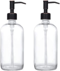 2 Pack Thick Clear Glass Pint Jar Soap Dispenser with Oil Rubbed Bronze Stainless Steel Pump, 16ounce Clear Boston Round Bottles Dispenser with Rustproof Pump for Essential Oil, Liquid Soap