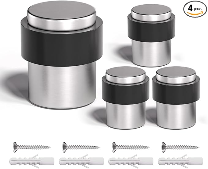 SANATO Nickel Cylindrical Floor Mounted Stainless Steel 304 Door Stop Door Stopper with Black Rubber, 4 Pack