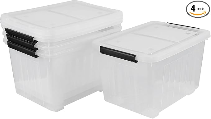 Haodehen 30 Quart Clear Plastic Latch Storage Bins with Wheels, 4-Pack Wheeled Clear Storage Totes