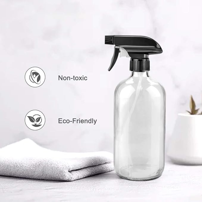 Glass Spray Bottles, 16oz Clear Glass Spray Bottles with Labels & Adjustable Nozzle, Reusable Containers for Cleaning, BBQ, Food, Plants, Alcohol, Essential Oils(3 Pack)