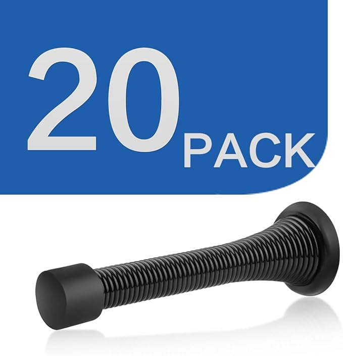 HOMOTEK 20 Pack Black Spring Door Stops,3-1/8" Heavy Duty Door Stop - Flexible Spring Door Stopper with Low Mounted Black Rubber Bumper Tips