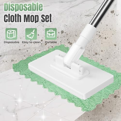Disposable Dust Mop with Pressure Clamping System, 39 inch Long Handle Wet and Dry Flat Mopping Sweeper Stick with Locking Head & Sweeping Cloths for Multi Surface Floor Cleaning (1 mop+10 Clothes)
