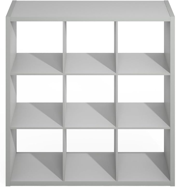 Furinno Simple Cube Storage Organizer, 9-Cube Display Shelf, Open Back Shelving Unit, Storage Shelves, Extra Thick Frame, for Organization and Storage, Living Room, Home Office, Light Grey