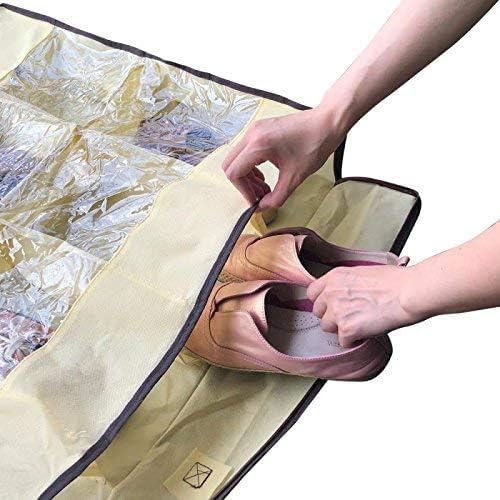 Men/Women Adults 12 Cells See Through Underbed Shoe Storage Bag Organizer, Beige
