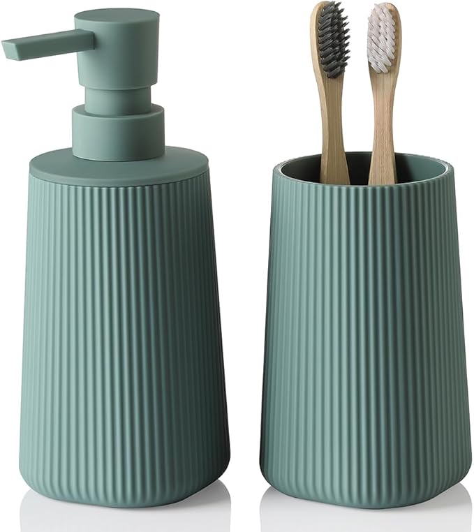Bathroom Accessories 2 Piece Soap Dispenser and Toothbrush Holder Set Striped Green