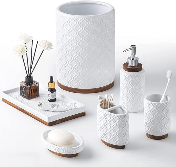 Bathroom Accessories Set 6 Pcs Toothbrush Holder Soap Dispenser Ceramic and Wood Bathroom Set with Trash Can Soap Dispenser Toothbrush Holder Tray Tumbler Soap Dish White
