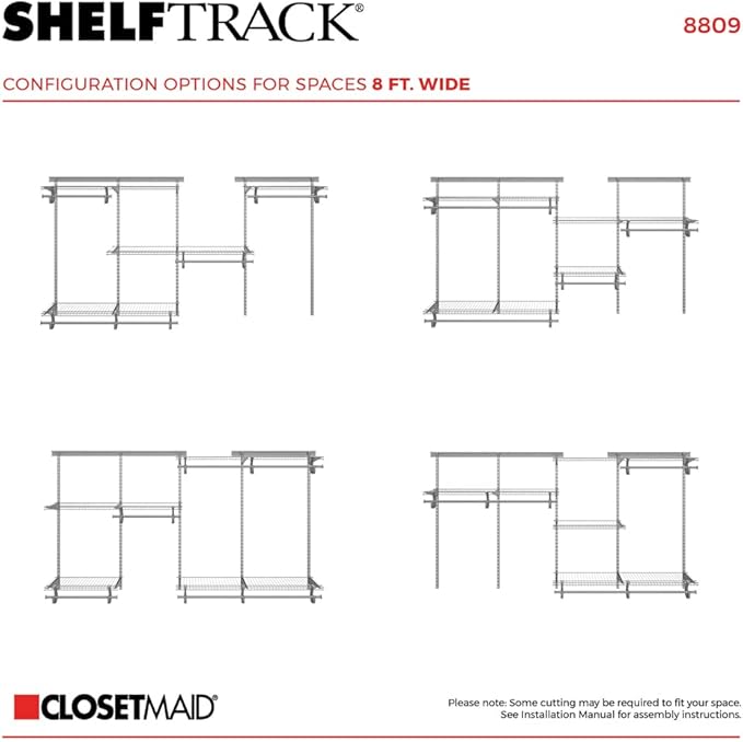 ClosetMaid ShelfTrack Wire Closet Organizer System, Adjustable from 5 to 8 Ft., With Shelves, Clothes Rods, Hardware, Durable Steel, Satin Chrome