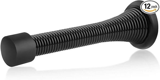 HOMOTEK 12 Pack Black Spring Door Stops,3-1/8" Heavy Duty - Flexible Door Stopper with Low Mounted Black Rubber Bumper Tips
