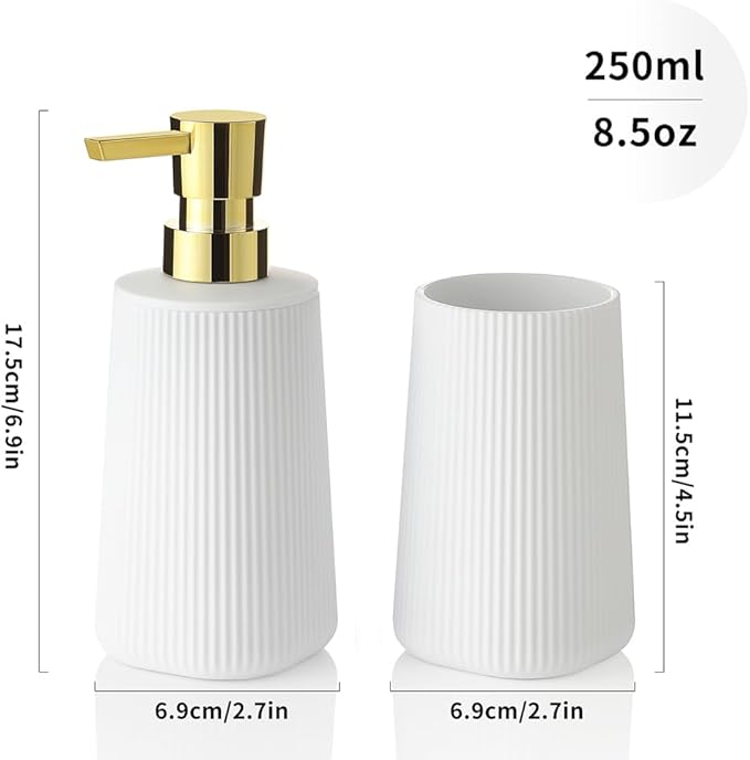 Bathroom Accessories 2 Piece Soap Dispenser and Toothbrush Holder Set Striped White and Gold