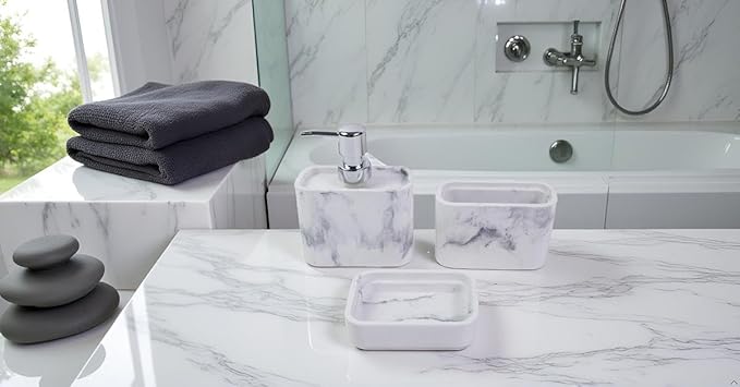 Hymmah Marble Pattern Bathroom Accessories Set, Toothbrush Holdr Set, 3 Pieces Resin Bathroom Set with Toothbrush Holder, Soap Dispenser, Soap Dish,Tumbler (Marble)