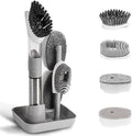 4-in-1 Dish Cleaning Brush Soap Dispensing Dish Brush Set with 4 Replacement Heads and Storage Holder, Kitchen Scrub Brush for Dish Pot Pan Sink Cleaning (Grey)