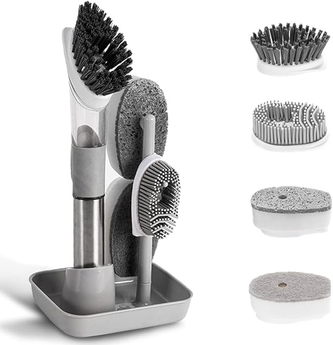 4-in-1 Dish Cleaning Brush Soap Dispensing Dish Brush Set with 4 Replacement Heads and Storage Holder, Kitchen Scrub Brush for Dish Pot Pan Sink Cleaning (Grey)