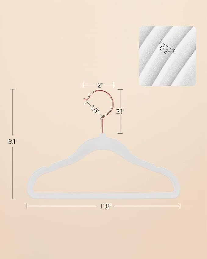 SONGMICS Baby Kids Hangers 50 Pack for Closet, 11.8 x 8.1 Inches, Rose Gold 360° Swivel Hooks, Space-Saving Clothes Velvet Hangers for Nursery, Non-Slip, Cloud White UCRF027W01