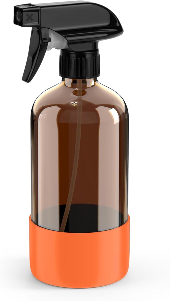 Amber Glass Spray Bottle with Silicone Sleeve Protection, 16 oz Refillable Spray Bottle for Cleaning Solutions, Plants, Aromatherapy, Facial Hydration (Orange Sleeve(Amber Bottle)