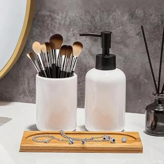 White Ceramic Soap Dispenser and Toothbrush Holder,3-Piece Bathroom Accessories Set Modern Cylinder Countertop Bath Set,Liquid Hand Soap Dispenser,Tumbler Cup,Wooden Vanity Tray