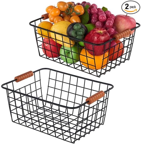 Wire Kitchen Storage Basket 2 Packs,Perfect Pantry Organization Accessories Baskets,Laundry Basket,With a Wooden handle,Suitable for Kitchen,Bathroom,Bedroom,Tabletop,Stackable,Black