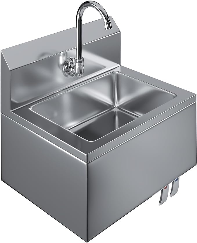 Stainless Steel Wall Mount Hand Sink with Gooseneck Faucet, Knee Pedals & Side Splash | 17" x 15" Commercial Basin for Kitchen or Janitorial Use, NSF (17" x 15" with Knee Pedals)