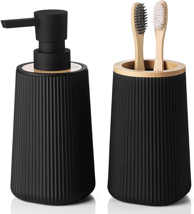 Bathroom Accessories 2 Piece Soap Dispenser and Toothbrush Holder Set Striped Black and Bamboo