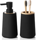 Bathroom Accessories 2 Piece Soap Dispenser and Toothbrush Holder Set Striped Black and Bamboo
