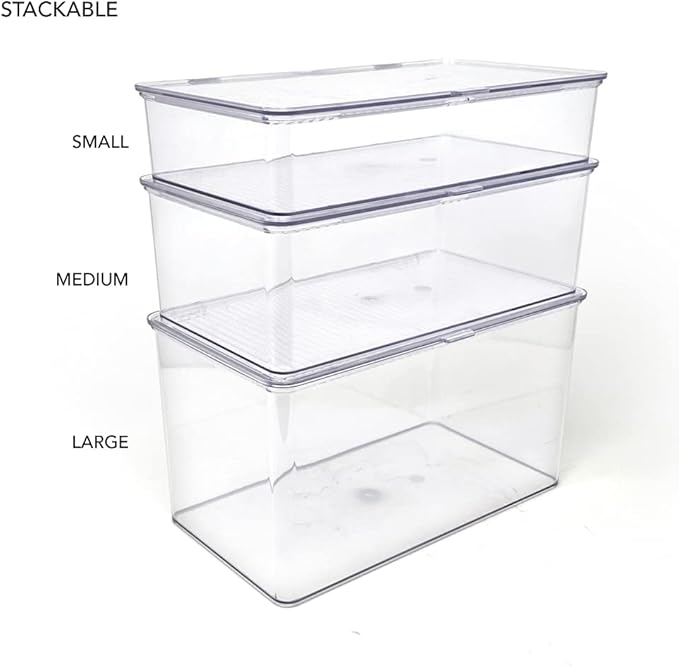 Isaac Jacobs Large Stackable Organizer Bin (10.75” x 6.5” x 6.1”) w Hinged Lid Clear Storage Box Home Office School Fridge Bathroom Kitchen Pantry Container BPAFree Food Safe (Large Clear) (Pack of 2)