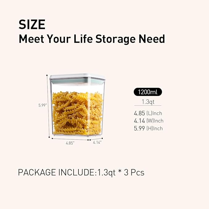 EQI Airtight Food Storage Containers,1.3Qt 3Pcs Pop Food Containers with Lids, Stackable One Button Opening Kitchen Pantry Organizers and Storage, BPA-Free Food Containers Set for Snacks Candy Spices