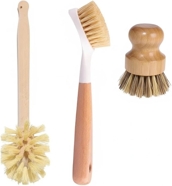 Bamboo Dish Brush Set with Handle - Kitchen Cleaning Brushes: Bottle Brush, Straw Cleaner & Vegetable Brush. Dish Scrub for Dishes, Sink, Pots, Pans, Cast Iron – Kitchen Scrub Brushes