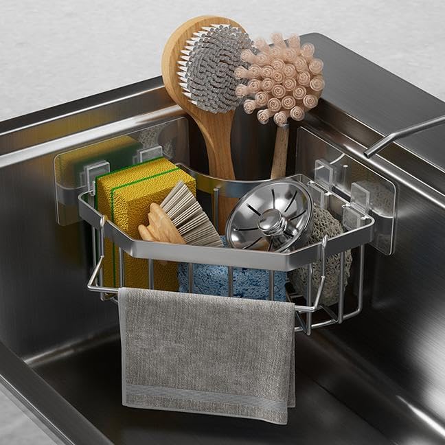 Corner Sink Organizer, Silver Stainless Steel Sponge Holder with Towel Bar, Self-Adhesive Kitchen Storage Rack