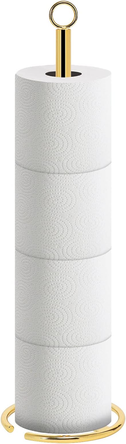 NearMoon Bath Toilet Paper Holder Stand, Freestanding Tissue Paper Storage with Reserve, Space Toilet 4 Rolls Holder for Bathroom/Kitchen Countertop-All Metal (1 Pack, Chrome Gold)