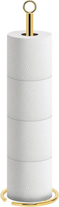 NearMoon Bath Toilet Paper Holder Stand, Freestanding Tissue Paper Storage with Reserve, Space Toilet 4 Rolls Holder for Bathroom/Kitchen Countertop-All Metal (1 Pack, Chrome Gold)