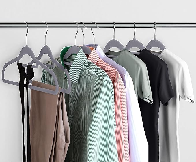 Generic 30pck Velvet Hangers - Heavy Duty Black Hangers for Coats, Pants & Dress Clothes - Non Slip Clothes Hanger Set - Space Saving Felt Hangers for Clothing - Black/Gray Hnagers (Gray, 30)